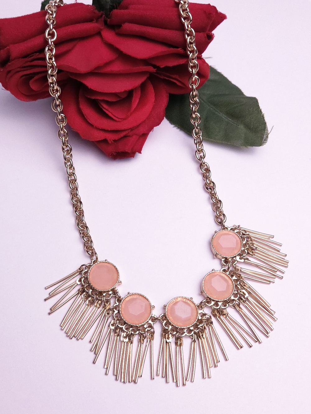 Retro Gold Tone Acrylic Pink Crystal & Spikey Dangle Necklace Statement Necklace